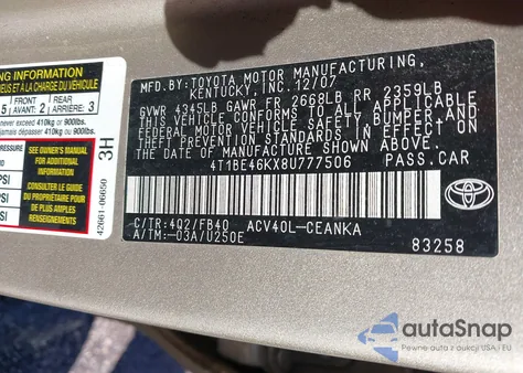 2008 Toyota Camry Le z USA, uszkodzony, nr VIN 4T1BE46KX8U777506